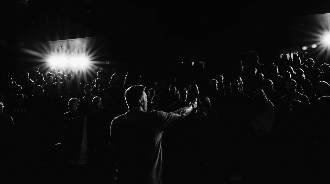 Caleb speaking to an audience from the stage